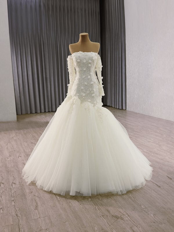 luxury model one shoulder neck long sleeve flower long mermaid wedding dress 241153