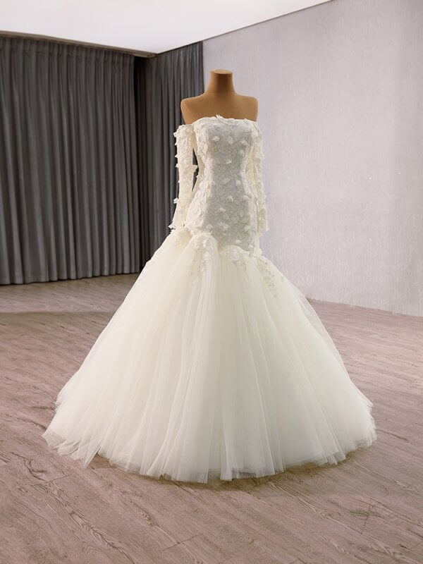 luxury model one shoulder neck long sleeve flower long mermaid wedding dress 241153