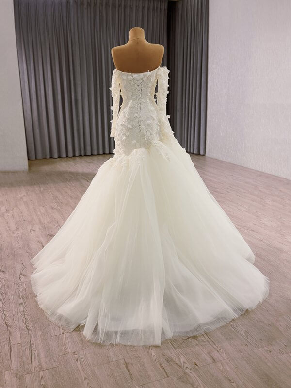 luxury model one shoulder neck long sleeve flower long mermaid wedding dress 241153