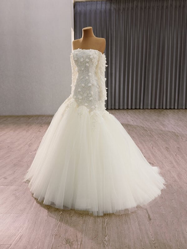 luxury model one shoulder neck long sleeve flower long mermaid wedding dress 241153