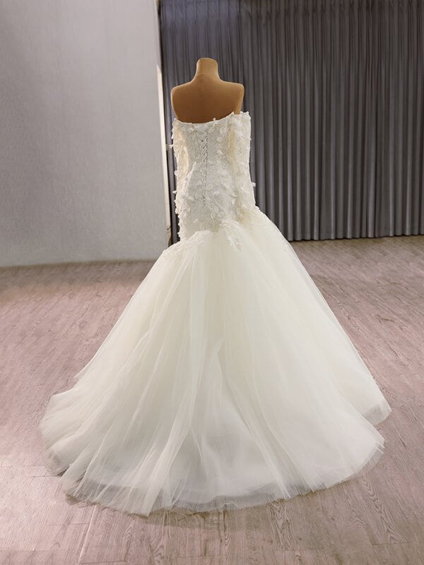 luxury model one shoulder neck long sleeve flower long mermaid wedding dress 241153
