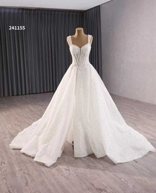 luxury model sweetheart neck sleeveless sparkly sequin long a line wedding dress 251155