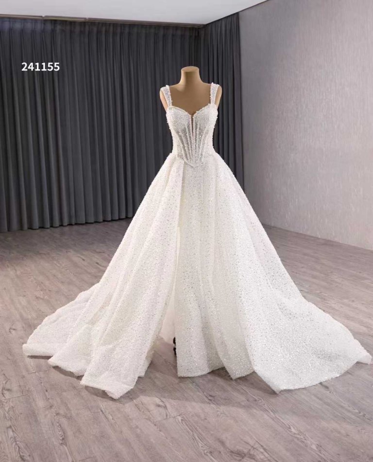 luxury model sweetheart neck sleeveless sparkly sequin long a line wedding dress 251155