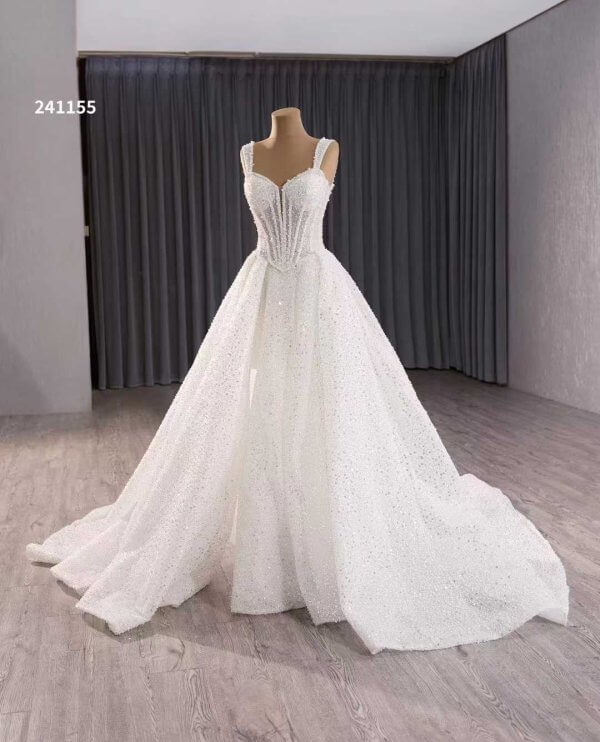 luxury model sweetheart neck sleeveless sparkly sequin long a line wedding dress 251155