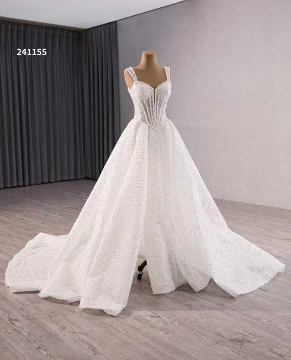 luxury model sweetheart neck sleeveless sparkly sequin long a line wedding dress 251155