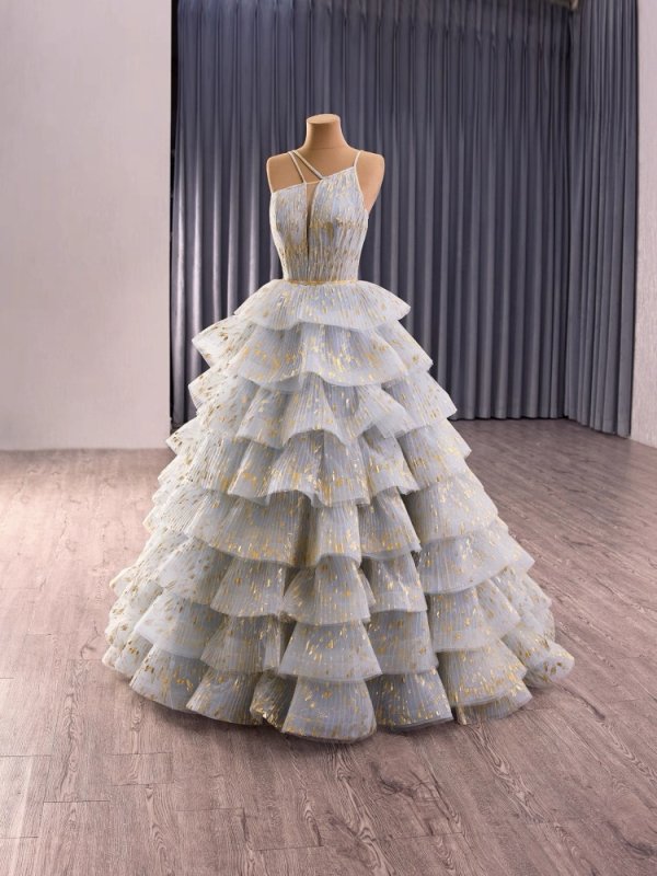 luxury model open back sleeveless pleats tiered a line long formal party dress 241156