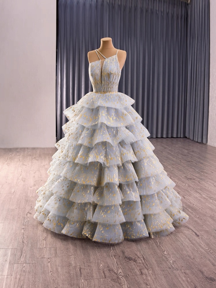luxury model open back sleeveless pleats tiered a line long formal party dress 241156