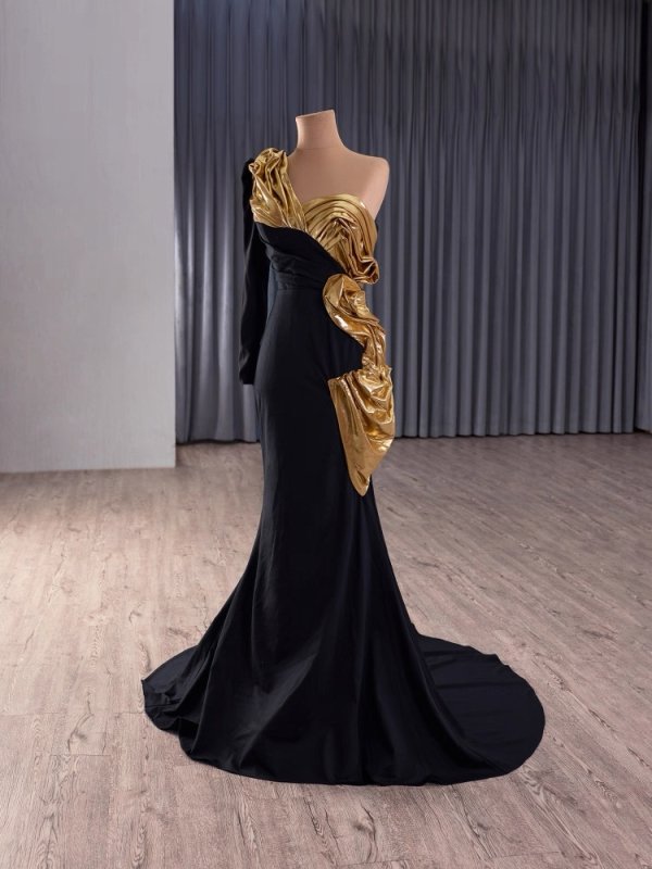 luxury model black one shoulder long sleeve pleats mermaid long formal party dress 241163