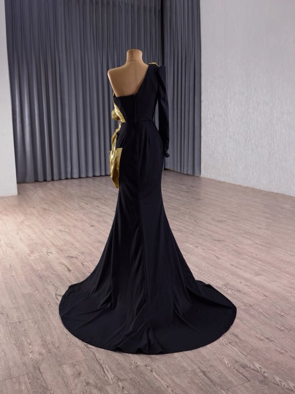 luxury model black one shoulder long sleeve pleats mermaid long formal party dress 241163