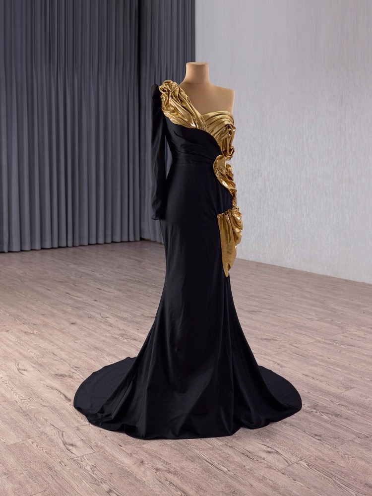 luxury model black one shoulder long sleeve pleats mermaid long formal party dress 241163