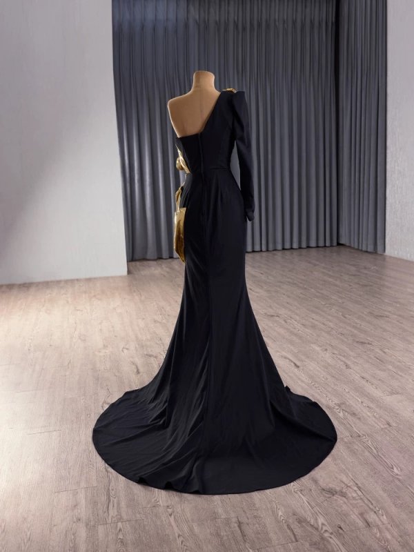luxury model black one shoulder long sleeve pleats mermaid long formal party dress 241163
