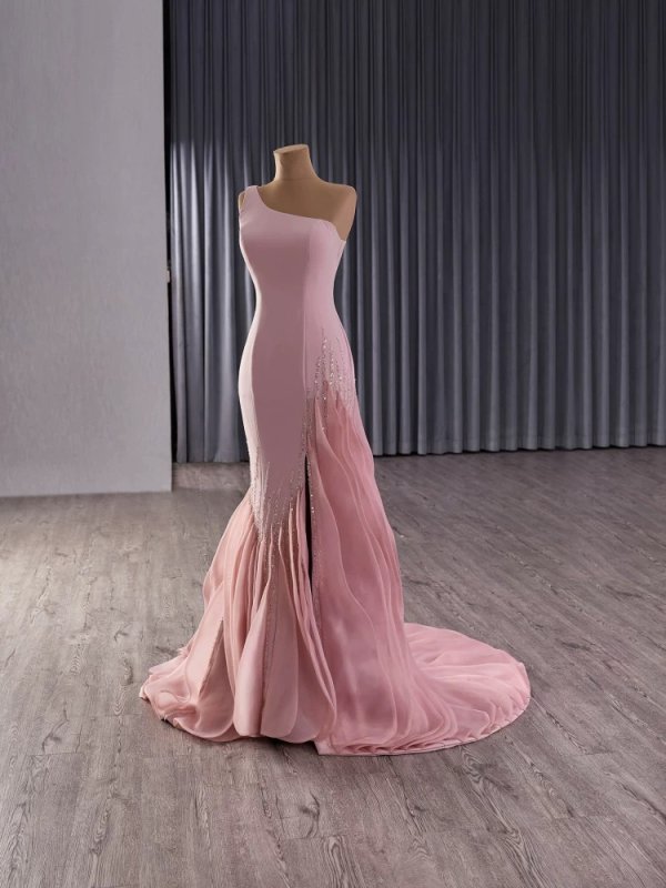 luxury model pink one shoulder sleeveless pleats mermaid long formal party dress 251003