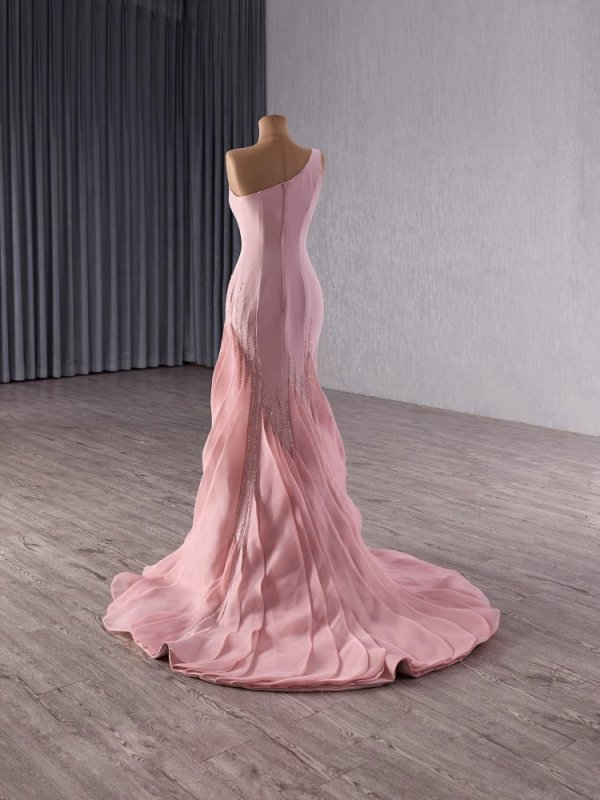 luxury model pink one shoulder sleeveless pleats mermaid long formal party dress 251003