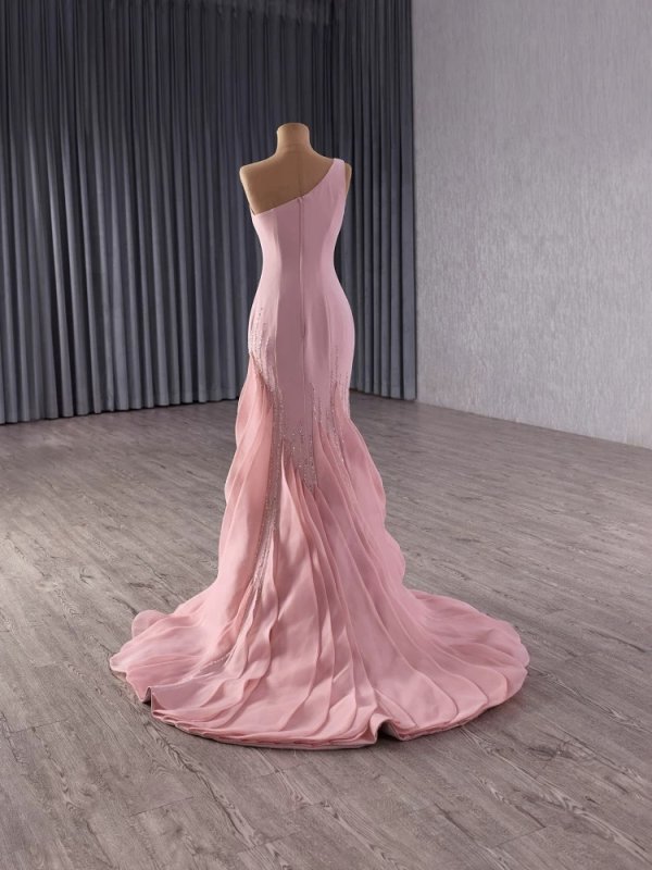 luxury model pink one shoulder sleeveless pleats mermaid long formal party dress 251003