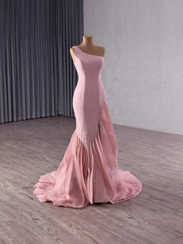 luxury model pink one shoulder sleeveless pleats mermaid long formal party dress 251003
