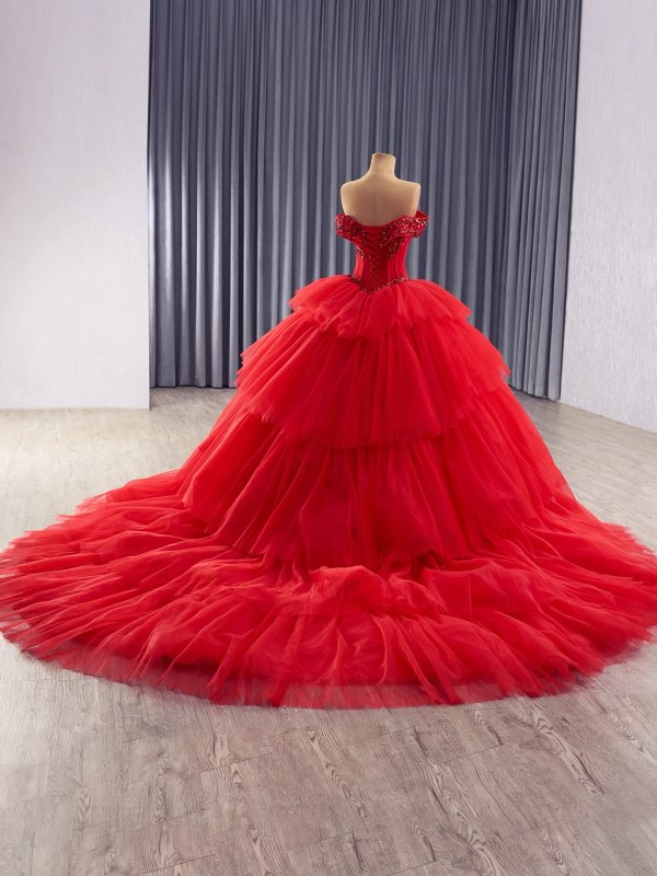 luxury model red tiered tull applique ball gown prom dress quinceanera dress 251013