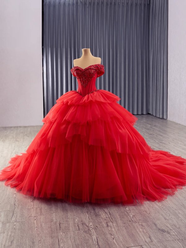 luxury model red tiered tull applique ball gown prom dress quinceanera dress 251013