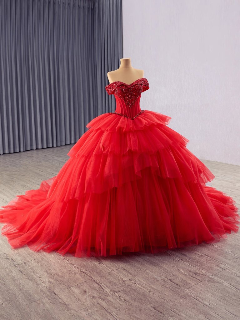 luxury model red tiered tull applique ball gown prom dress quinceanera dress 251013