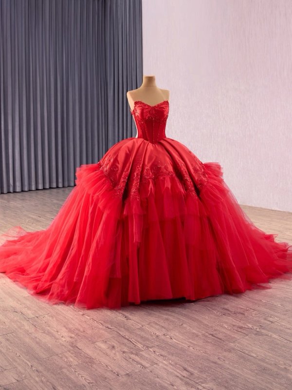 luxury model red ruffles tull applique pleats ball gown prom dress quinceanera dress 251014