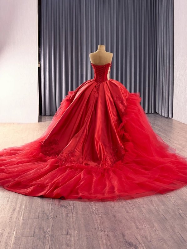 luxury model red ruffles tull applique pleats ball gown prom dress quinceanera dress 251014