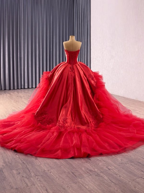 luxury model red ruffles tull applique pleats ball gown prom dress quinceanera dress 251014