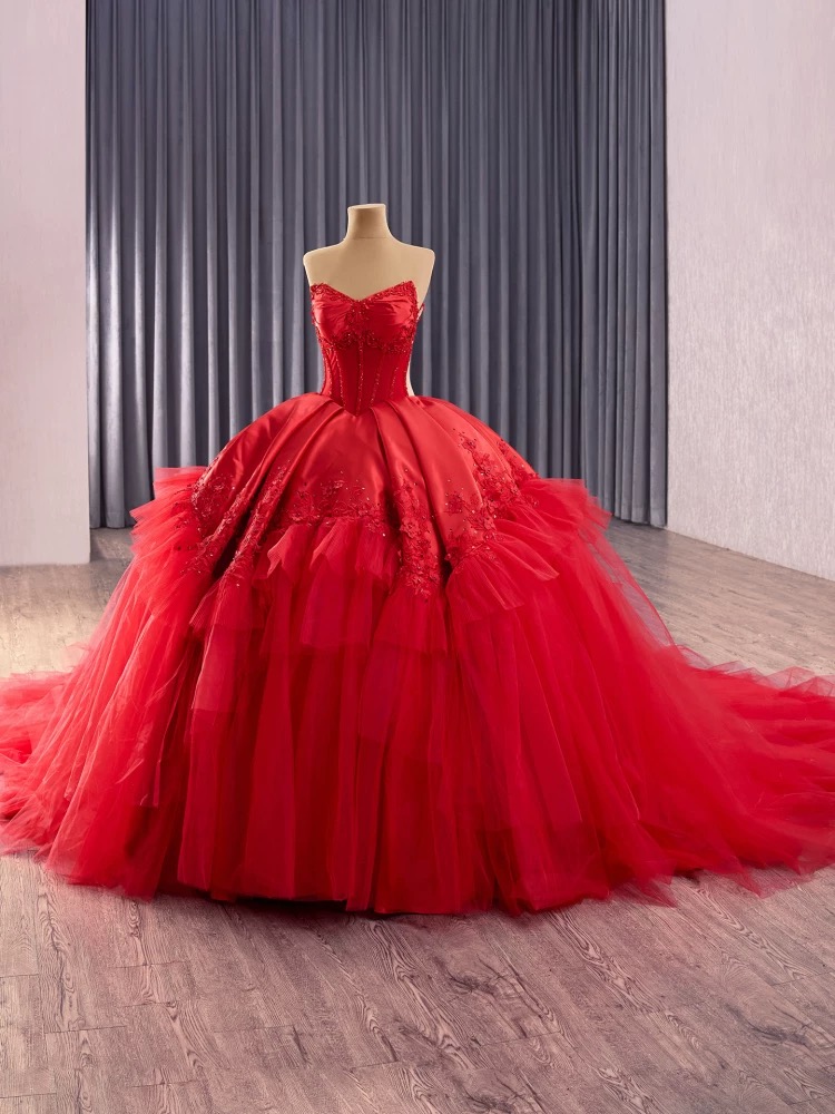 luxury model red ruffles tull applique pleats ball gown prom dress quinceanera dress 251014