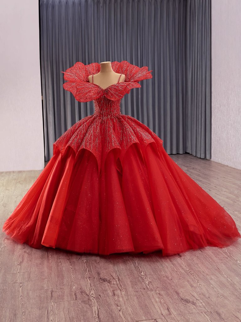 luxury model red ruffles lace pleats ball gown prom dress quinceanera dress 251029 (复制)