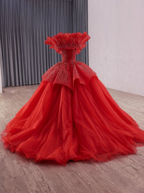 luxury model red ruffles lace pleats ball gown prom dress quinceanera dress 251029 (复制)