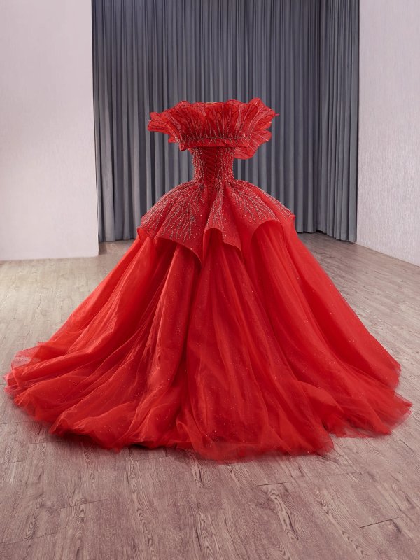 luxury model red ruffles lace pleats ball gown prom dress quinceanera dress 251029 (复制)