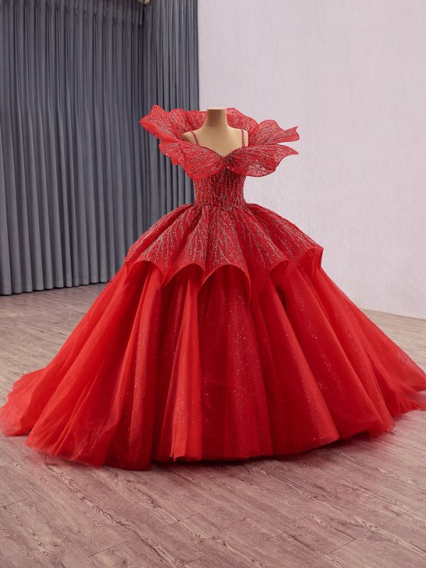 luxury model red ruffles lace pleats ball gown prom dress quinceanera dress 251029 (复制)