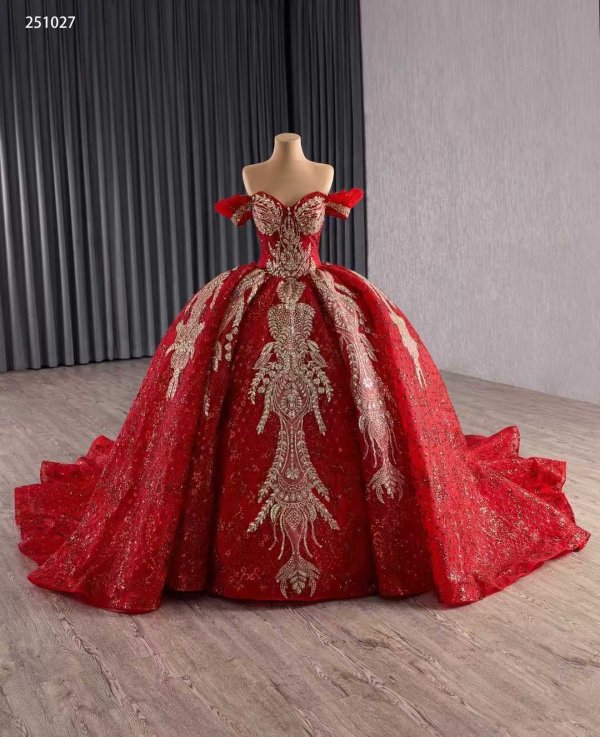 luxury model red sweetheart neck gold applique tiered prom dress quinceanera dress 251027