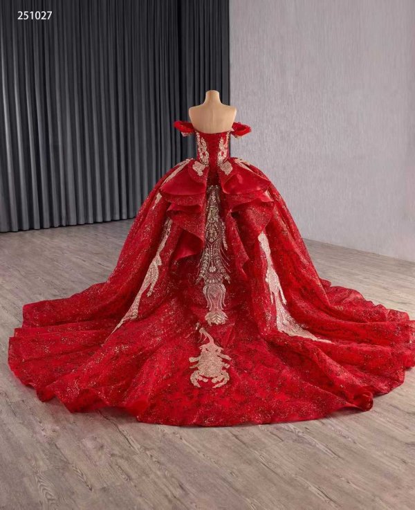 luxury model red sweetheart neck gold applique tiered prom dress quinceanera dress 251027