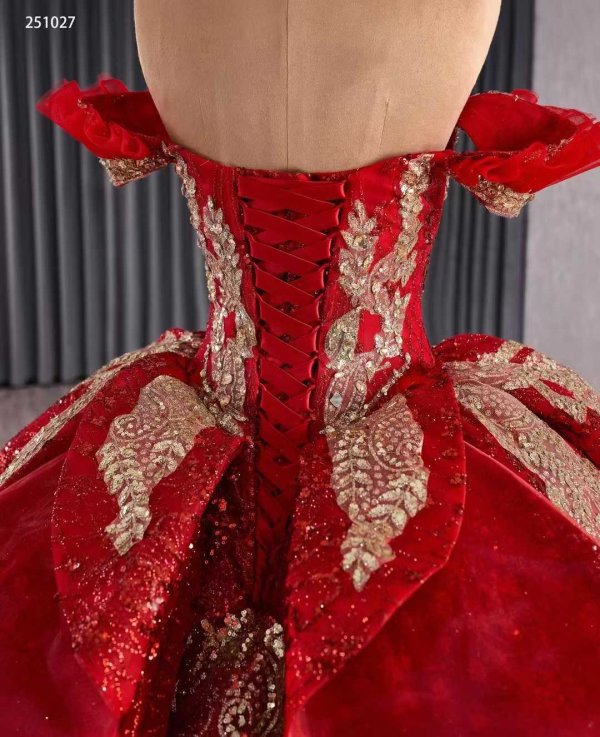 luxury model red sweetheart neck gold applique tiered prom dress quinceanera dress 251027