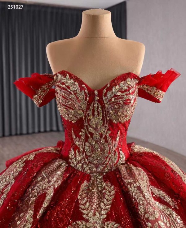luxury model red sweetheart neck gold applique tiered prom dress quinceanera dress 251027