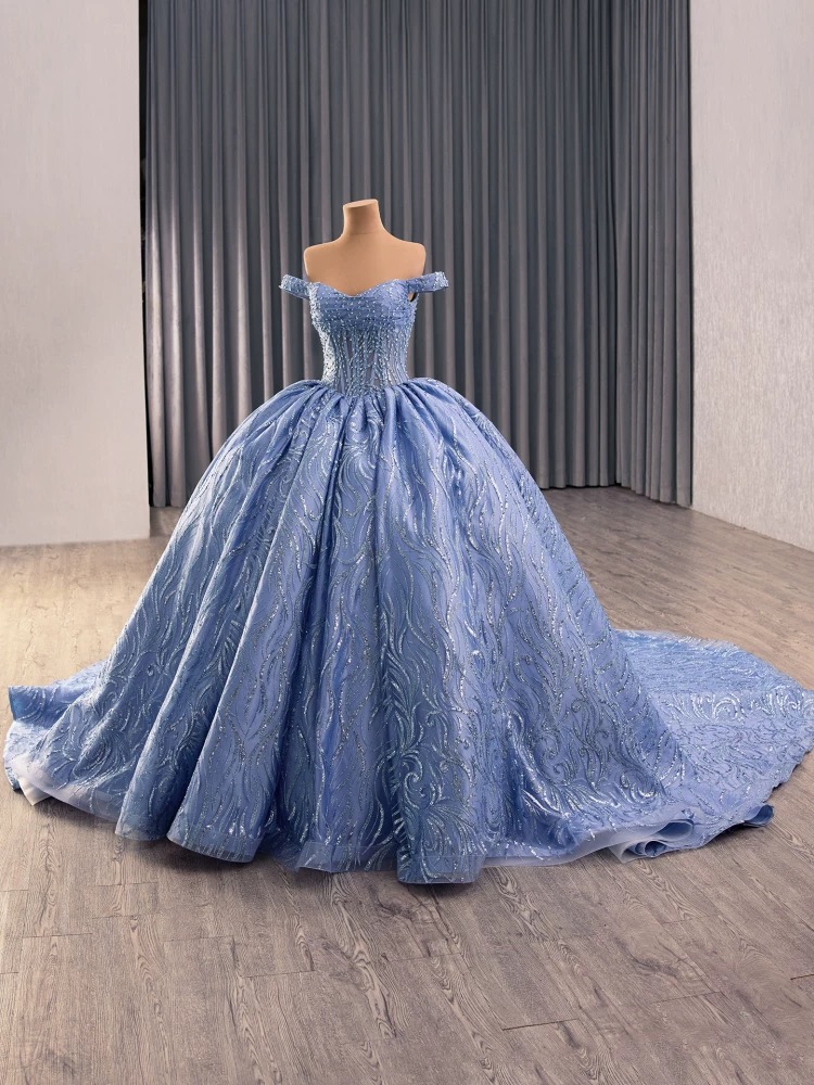 luxury model blue sweetheart neck lace pleats ball gown prom dress quinceanera dress 251029