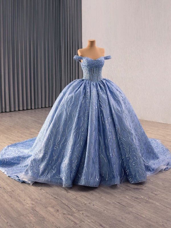 luxury model blue sweetheart neck lace pleats ball gown prom dress quinceanera dress 251029