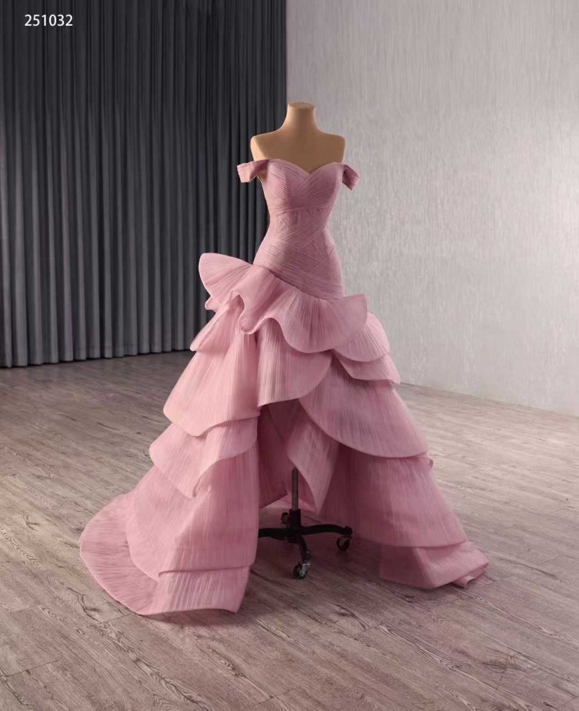 luxury model pink off the shoulder pleats tiered mermaid long evening dress 251032