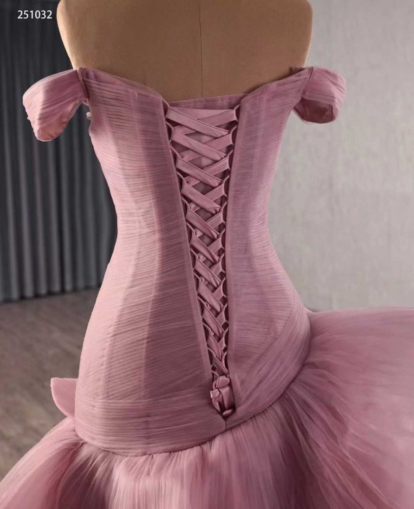 luxury model pink off the shoulder pleats tiered mermaid long evening dress 251032
