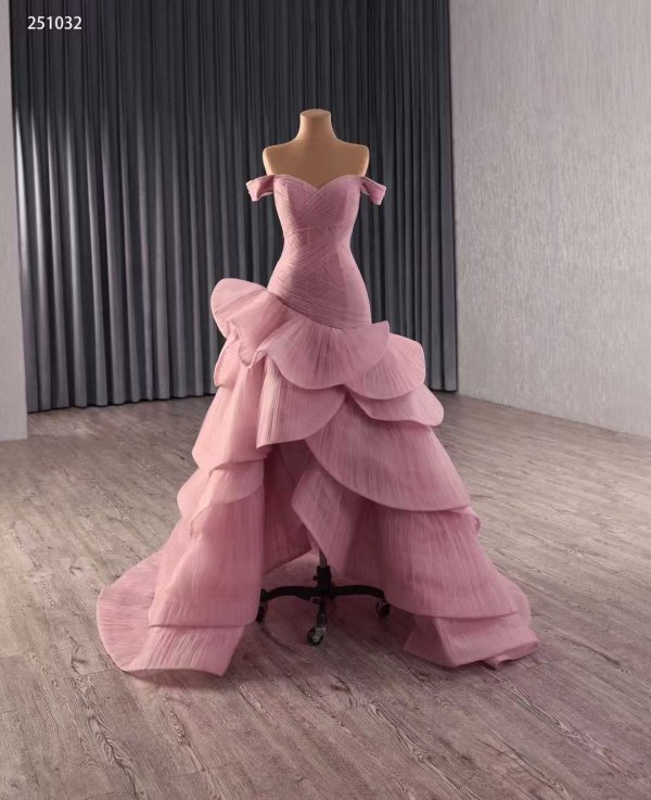 luxury model pink off the shoulder pleats tiered mermaid long evening dress 251032
