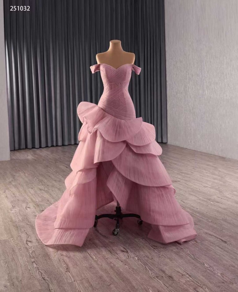 luxury model pink off the shoulder pleats tiered mermaid long evening dress 251032