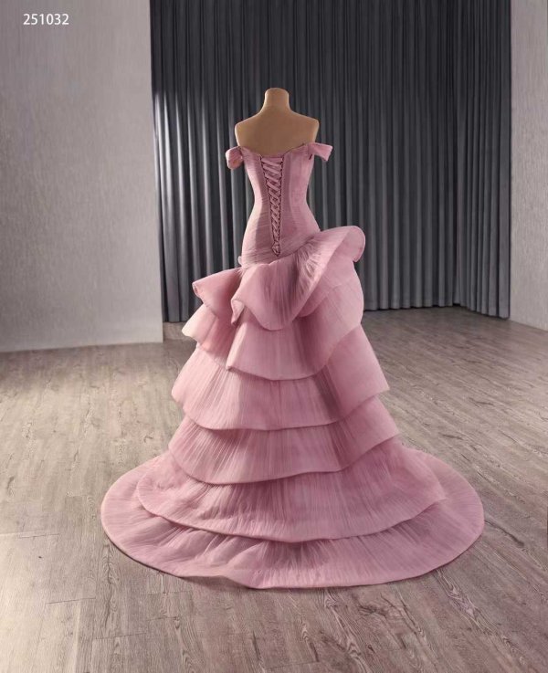 luxury model pink off the shoulder pleats tiered mermaid long evening dress 251032