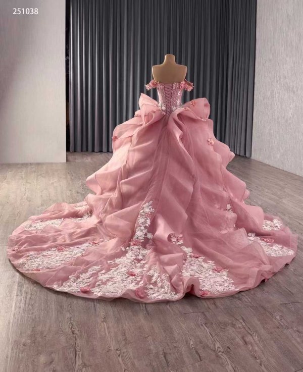 luxury model pink betau neck applique pleats ruffles ball gown prom dress quinceanera dress 251038