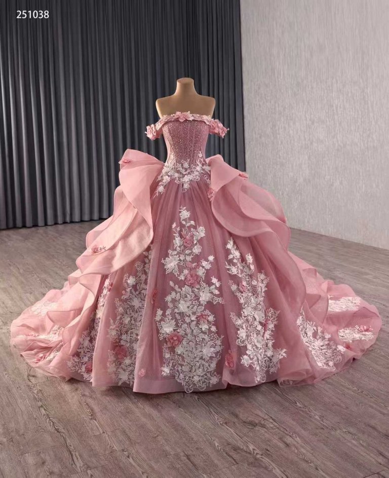 luxury model pink betau neck applique pleats ruffles ball gown prom dress quinceanera dress 251038