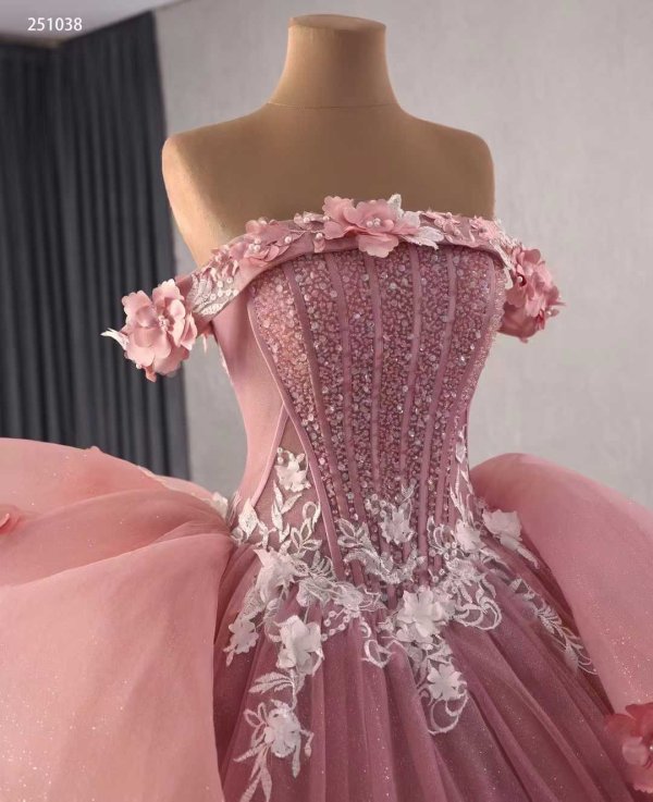 luxury model pink betau neck applique pleats ruffles ball gown prom dress quinceanera dress 251038