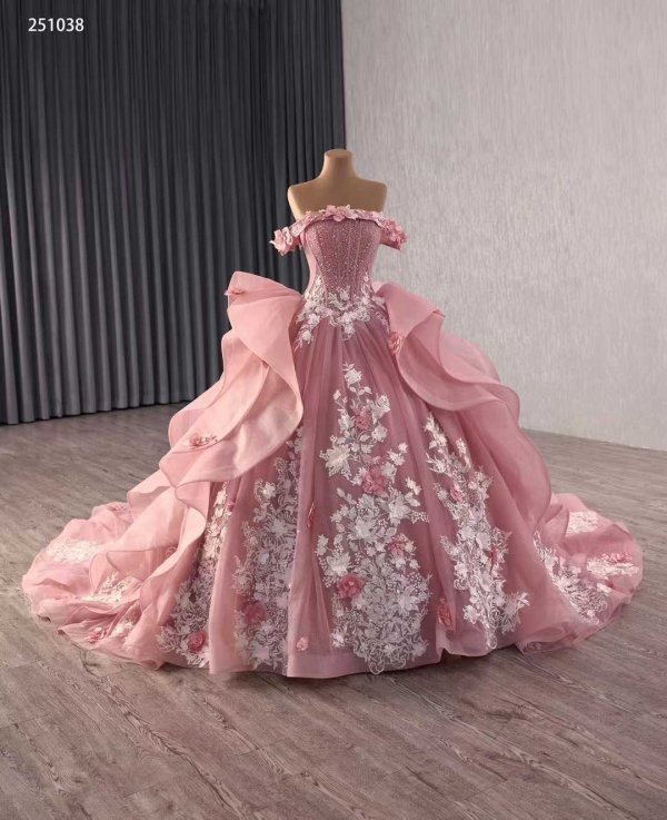 luxury model pink betau neck applique pleats ruffles ball gown prom dress quinceanera dress 251038