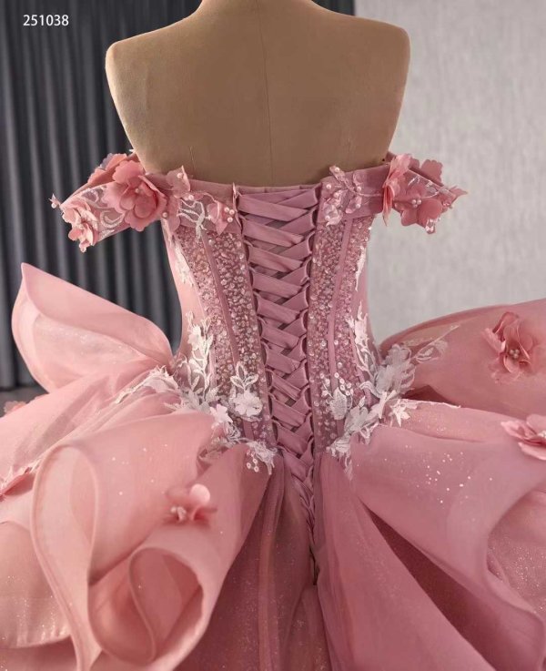 luxury model pink betau neck applique pleats ruffles ball gown prom dress quinceanera dress 251038