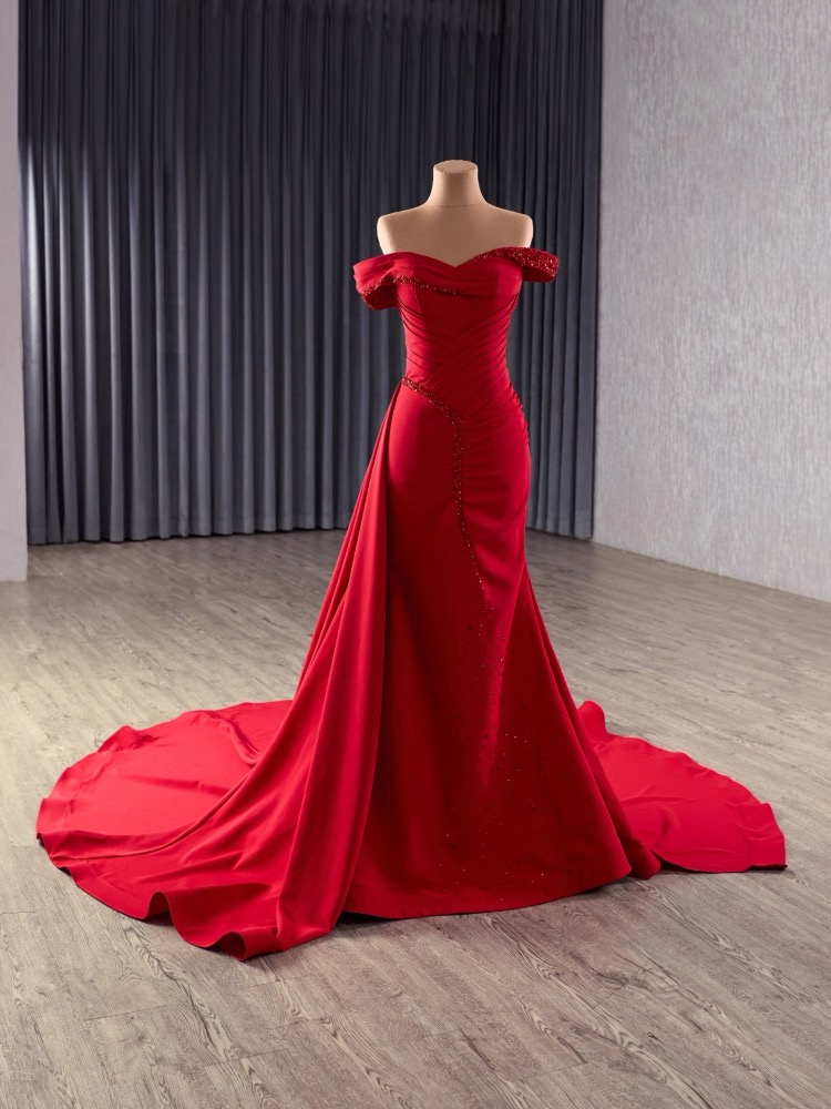 luxury model off the shoulder pleats mermaid long evening dress 251043