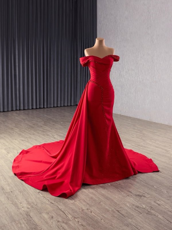 luxury model off the shoulder pleats mermaid long evening dress 251043