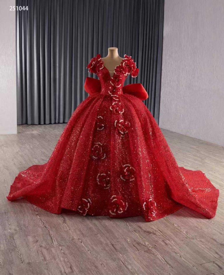 luxury model red flower v neck sleeveless sweep strain ball gown quinceanera dress 251044