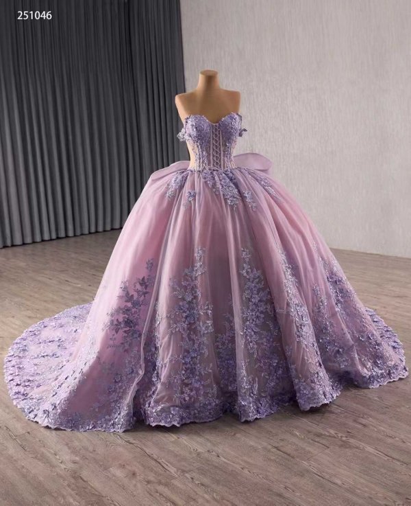 luxury model purple sweetheart neck applique pleats ball gown prom dress quinceanera dress 251046
